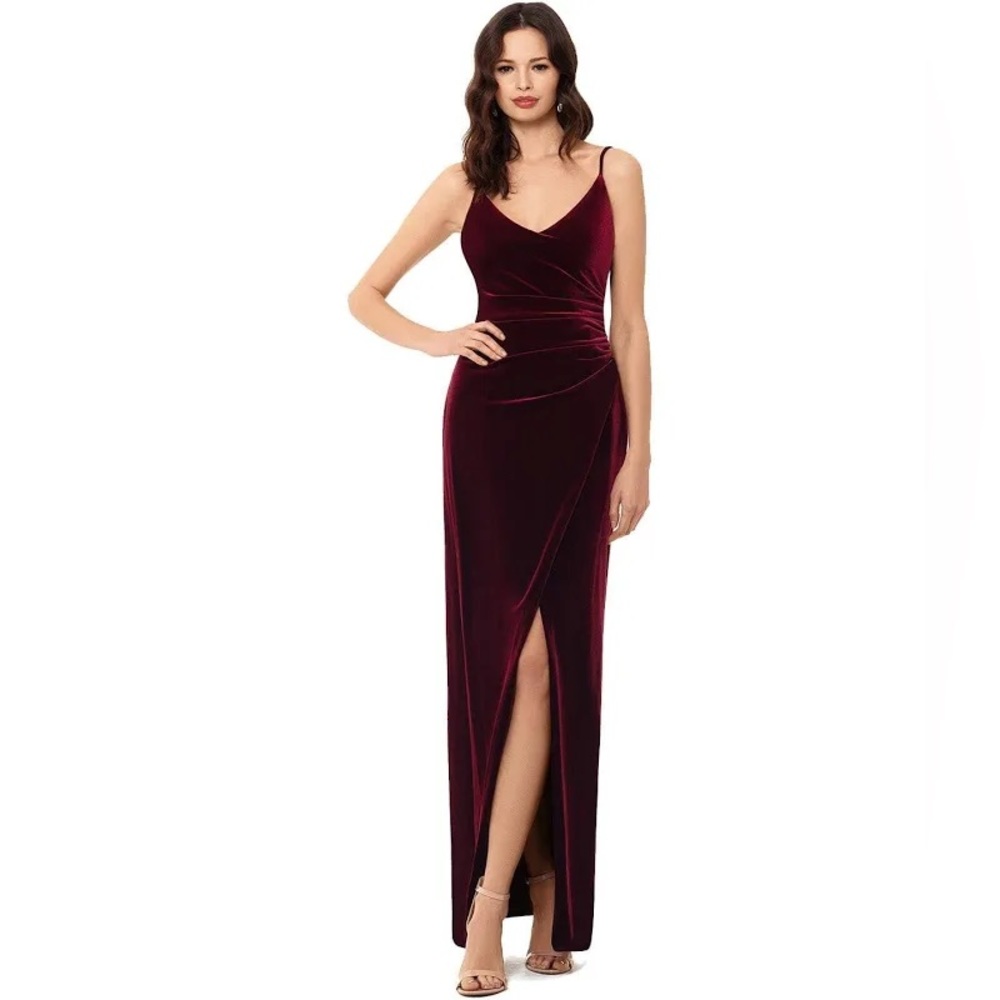 Betsy and Adam Draped Velvet Slit Gown